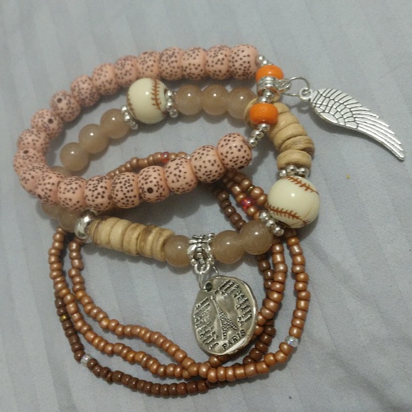 5 pc Stretch Bracelets Boho Wood Beads Versatile Mix & Match Charm Paris Feather - Picture 3 of 14